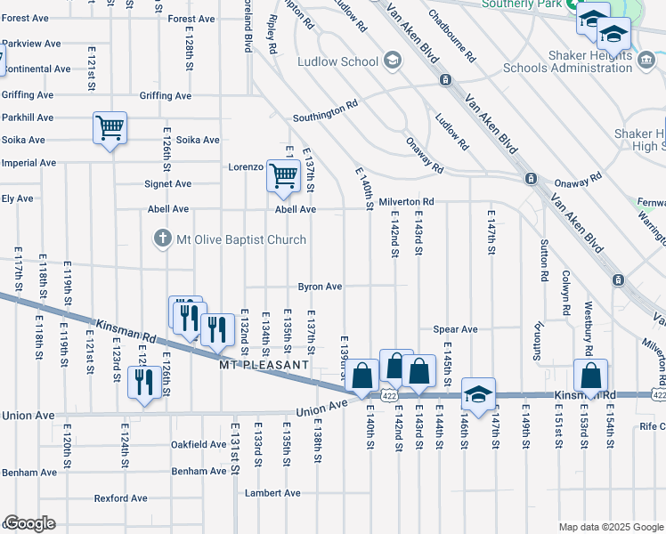 map of restaurants, bars, coffee shops, grocery stores, and more near 3308 East 139th Street in Cleveland