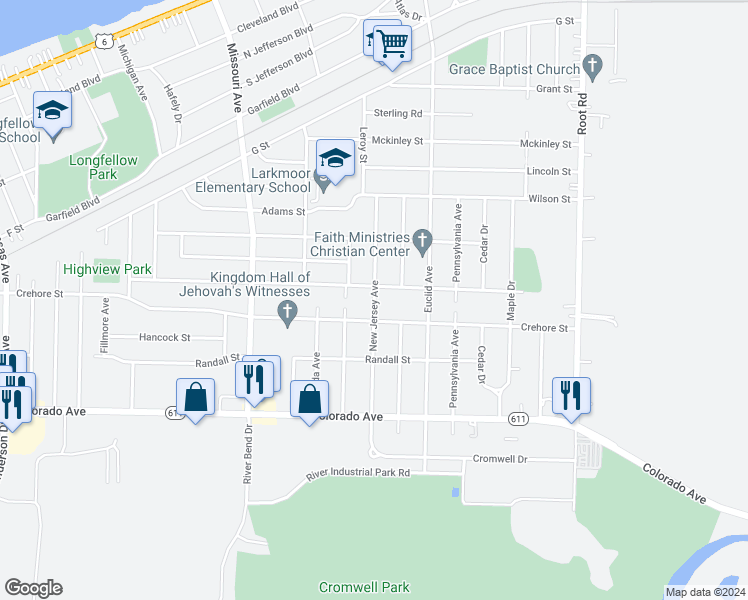 map of restaurants, bars, coffee shops, grocery stores, and more near 1403 New Jersey Avenue in Lorain