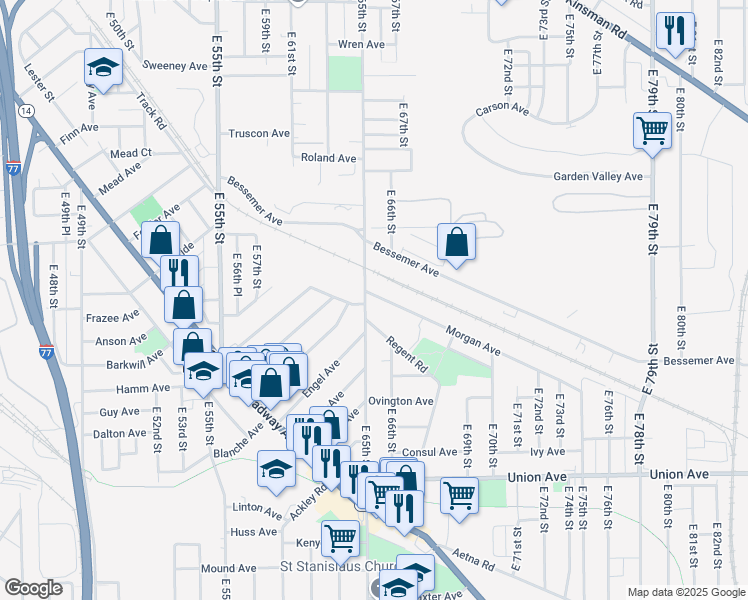 map of restaurants, bars, coffee shops, grocery stores, and more near 3277 East 65th Street in Cleveland