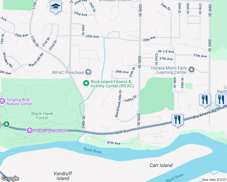 map of restaurants, bars, coffee shops, grocery stores, and more near 13 Blackhawk Hills Court in Rock Island