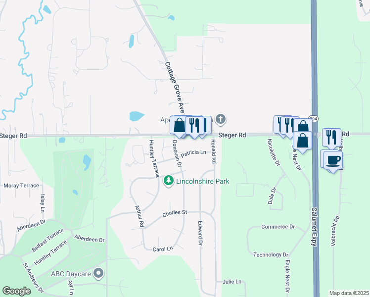 map of restaurants, bars, coffee shops, grocery stores, and more near 968 East Steger Road in Crete