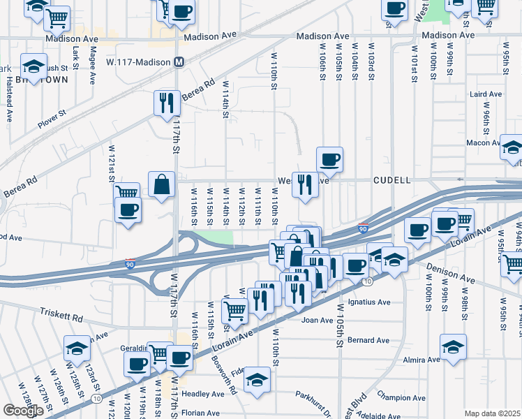map of restaurants, bars, coffee shops, grocery stores, and more near 3063 West 111th Street in Cleveland