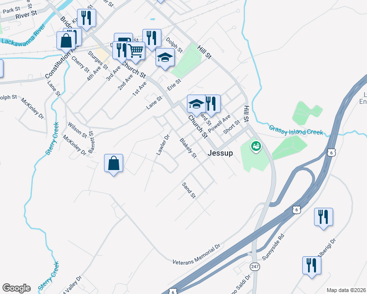 map of restaurants, bars, coffee shops, grocery stores, and more near 918 Blakely Street in Jessup