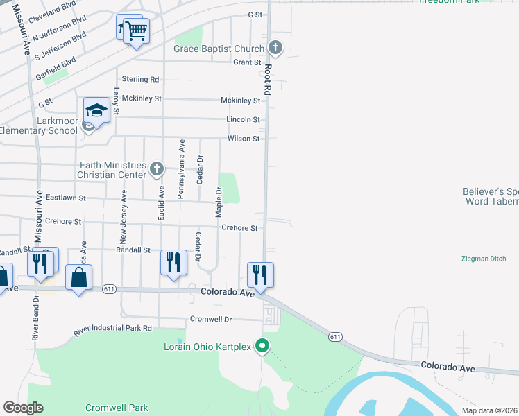 map of restaurants, bars, coffee shops, grocery stores, and more near 1402 Root Road in Lorain