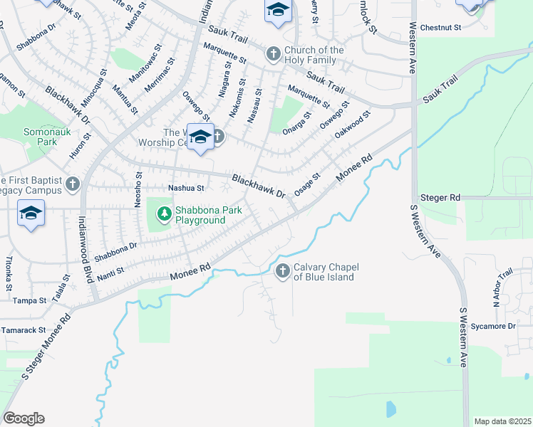map of restaurants, bars, coffee shops, grocery stores, and more near 6 Monee Court in Park Forest