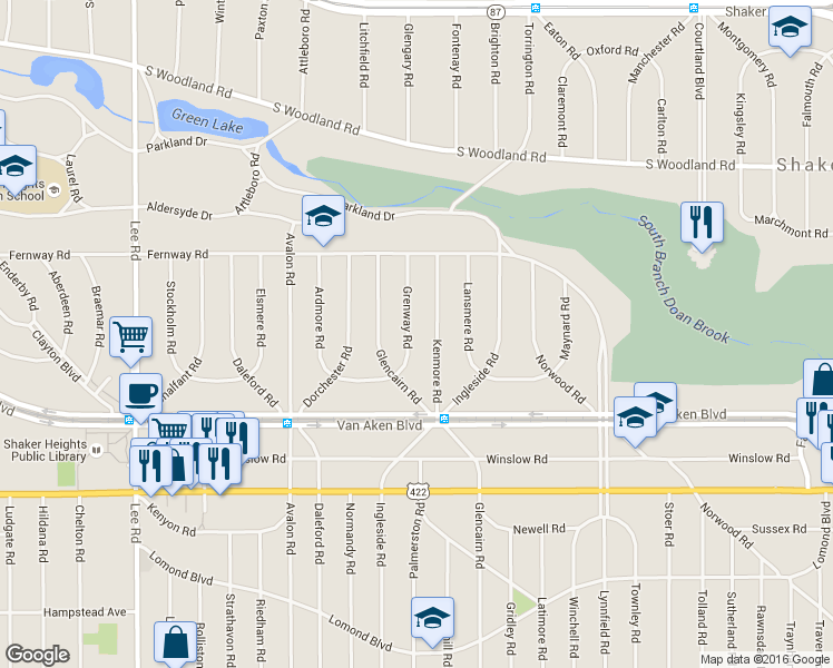 map of restaurants, bars, coffee shops, grocery stores, and more near in Highland Hills