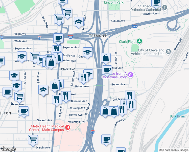 map of restaurants, bars, coffee shops, grocery stores, and more near 3133 West 16th Street in Cleveland