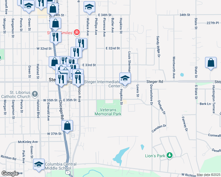 map of restaurants, bars, coffee shops, grocery stores, and more near 3414 Butler Avenue in Steger