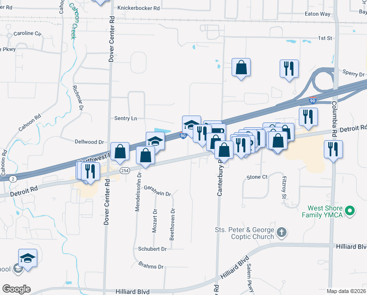 map of restaurants, bars, coffee shops, grocery stores, and more near 26600 Detroit Road in Westlake