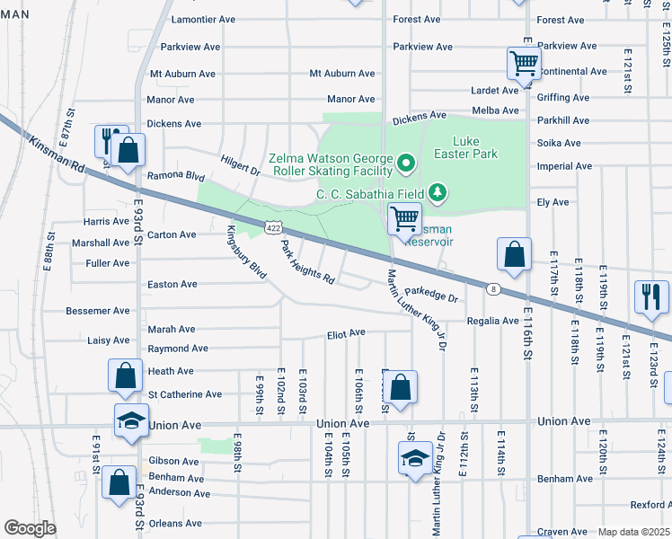 map of restaurants, bars, coffee shops, grocery stores, and more near 3298 East 105th Street in Cleveland