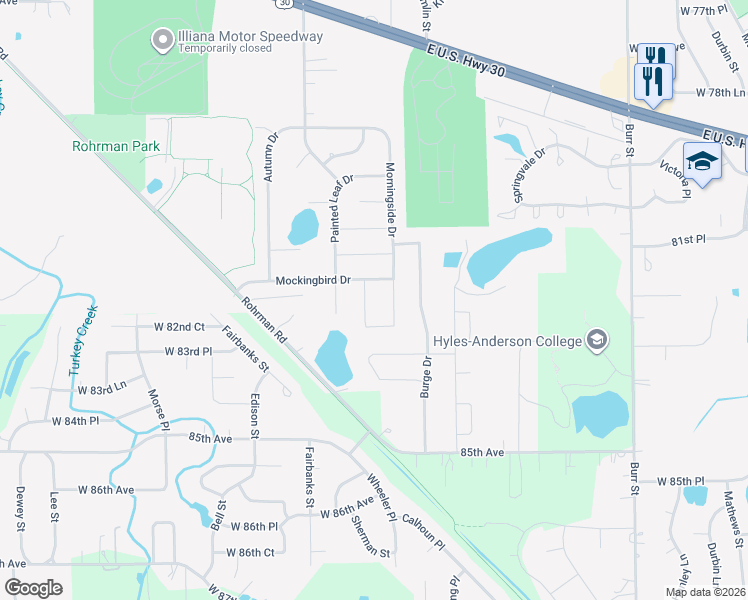 map of restaurants, bars, coffee shops, grocery stores, and more near 2913 Acorn Court in Crown Point