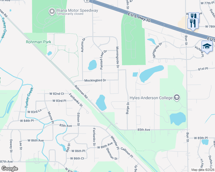 map of restaurants, bars, coffee shops, grocery stores, and more near 2913 Acorn Court in Crown Point