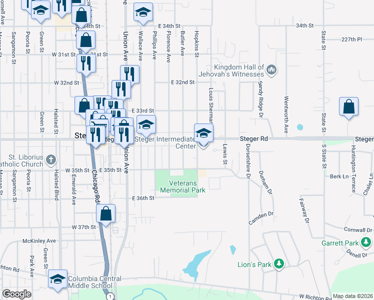map of restaurants, bars, coffee shops, grocery stores, and more near 3414 Butler Avenue in Steger