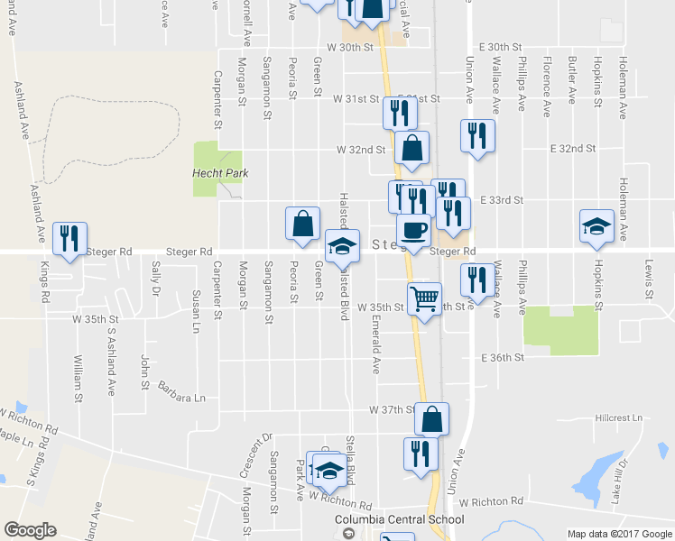 map of restaurants, bars, coffee shops, grocery stores, and more near 3414 Halsted Boulevard in Steger