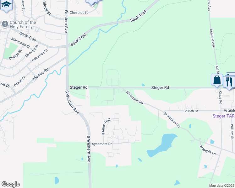 map of restaurants, bars, coffee shops, grocery stores, and more near 23125 Schulze Lane in Steger
