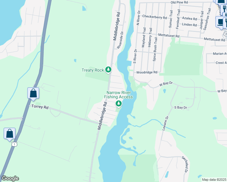 map of restaurants, bars, coffee shops, grocery stores, and more near 16 Wakefield Avenue in South Kingstown