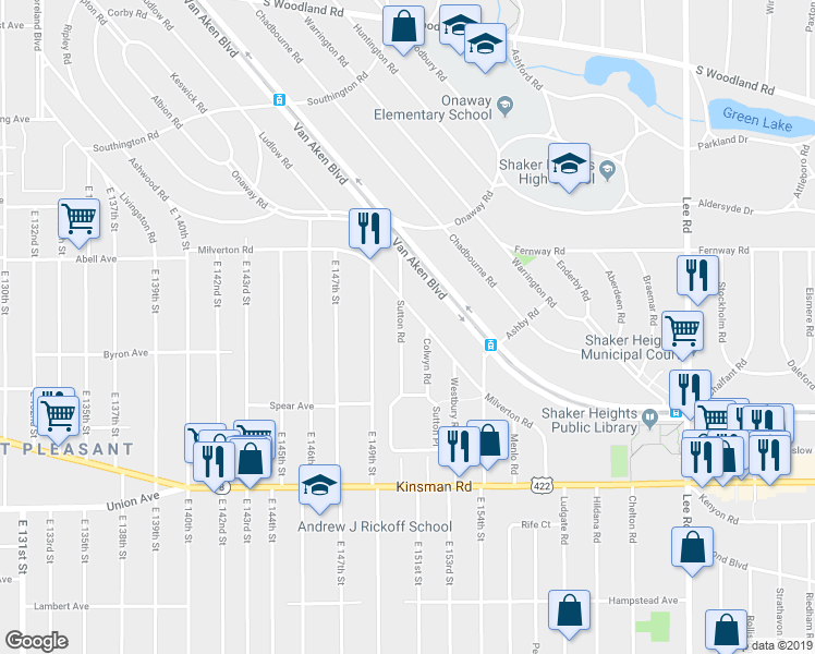 map of restaurants, bars, coffee shops, grocery stores, and more near 3329 Sutton Road in Shaker Heights