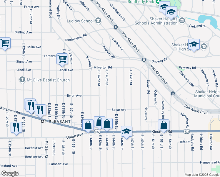 map of restaurants, bars, coffee shops, grocery stores, and more near 3329 East 143rd Street in Cleveland