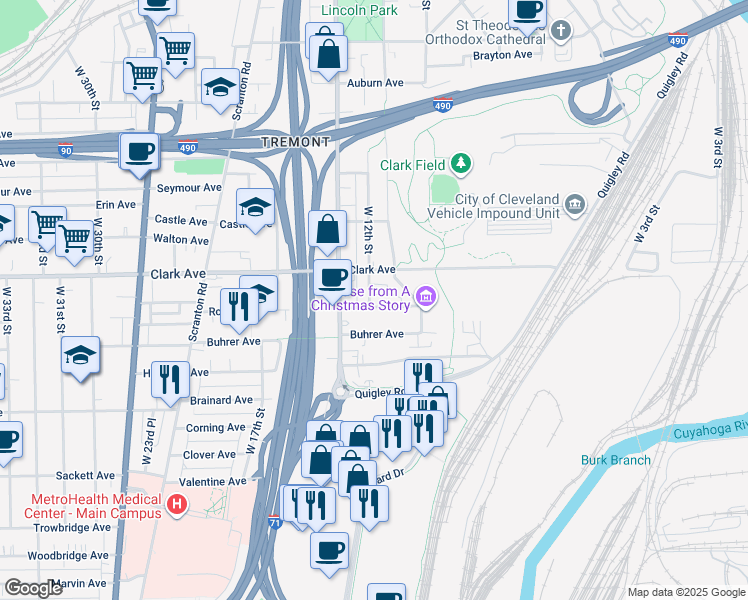 map of restaurants, bars, coffee shops, grocery stores, and more near 1202 Rowley Avenue in Cleveland