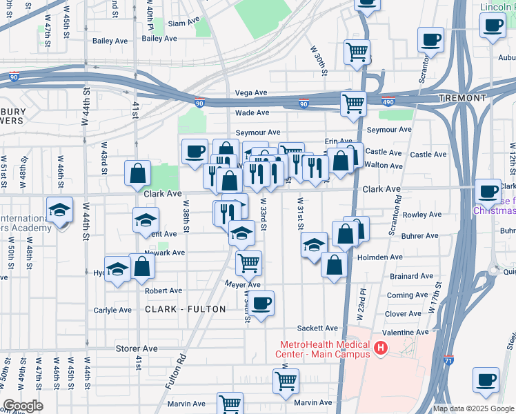 map of restaurants, bars, coffee shops, grocery stores, and more near 3125 West 34th Place in Cleveland
