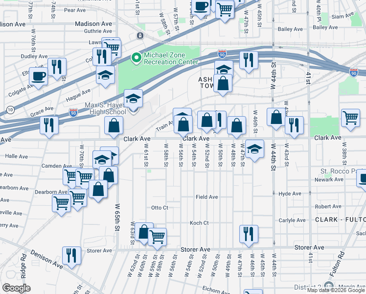 map of restaurants, bars, coffee shops, grocery stores, and more near in Cleveland