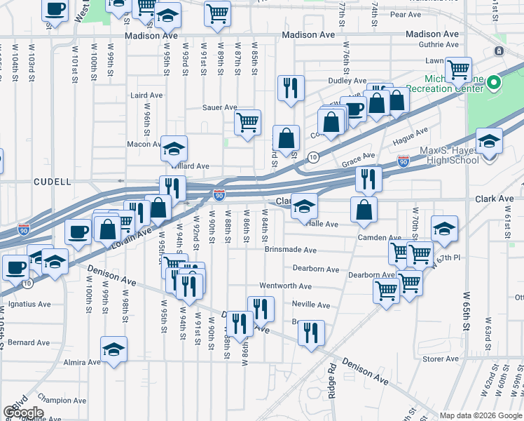 map of restaurants, bars, coffee shops, grocery stores, and more near 3118 West 84th Street in Cleveland