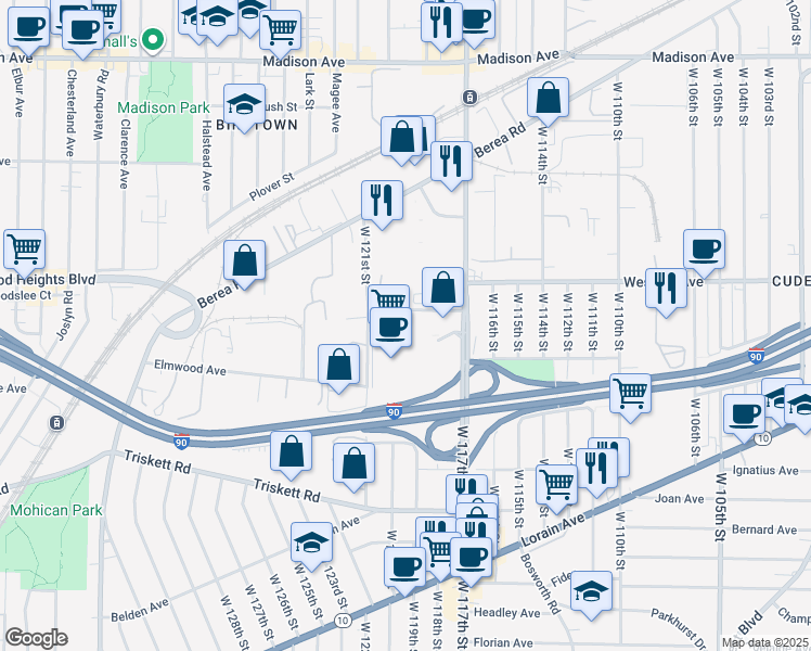 map of restaurants, bars, coffee shops, grocery stores, and more near 3030 W 117th St in Cleveland