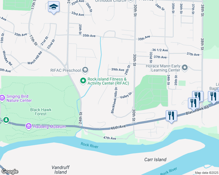 map of restaurants, bars, coffee shops, grocery stores, and more near 13 Blackhawk Hills Court in Rock Island