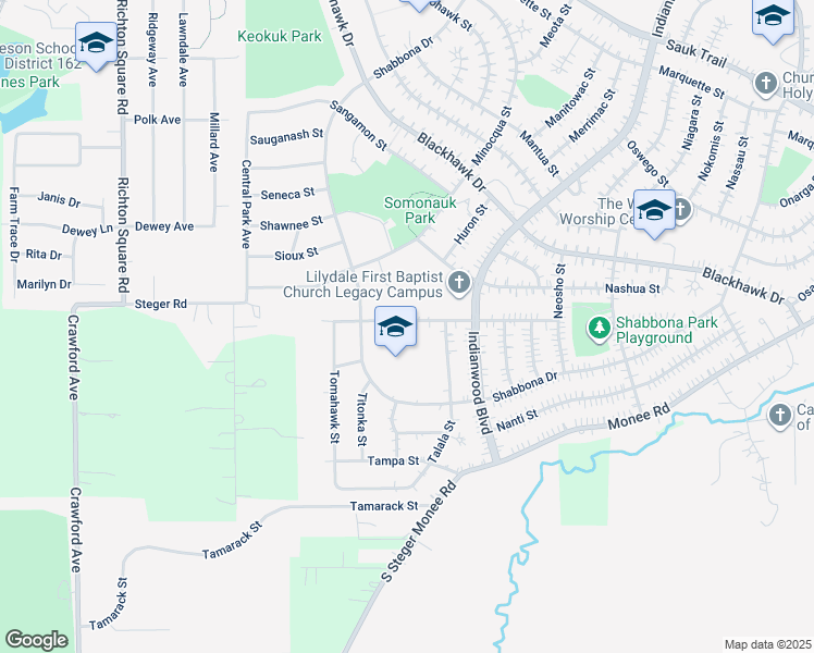 map of restaurants, bars, coffee shops, grocery stores, and more near 221 Nauvoo Street in Park Forest