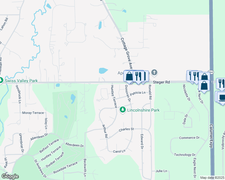 map of restaurants, bars, coffee shops, grocery stores, and more near 3423 Huntley Terrace in Crete