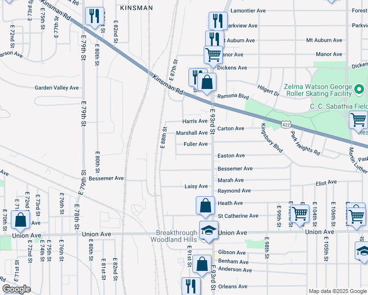 map of restaurants, bars, coffee shops, grocery stores, and more near 8918 Fuller Avenue in Cleveland
