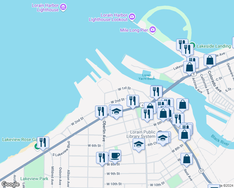 map of restaurants, bars, coffee shops, grocery stores, and more near 123 Hamilton Avenue in Lorain
