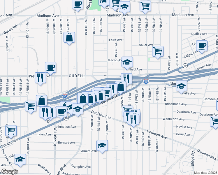 map of restaurants, bars, coffee shops, grocery stores, and more near 3117 West 98th Street in Cleveland