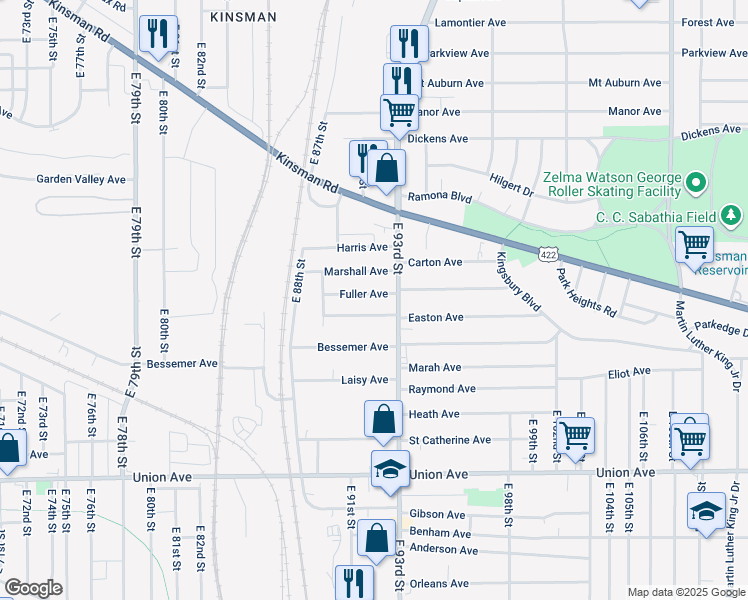 map of restaurants, bars, coffee shops, grocery stores, and more near 9110 Fuller Avenue in Cleveland
