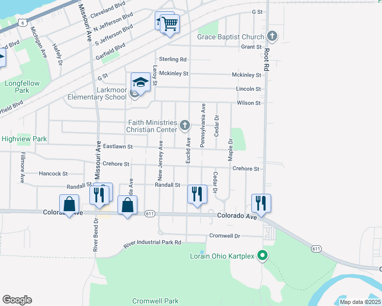 map of restaurants, bars, coffee shops, grocery stores, and more near 3006 Eastlawn Street in Lorain