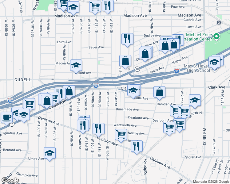 map of restaurants, bars, coffee shops, grocery stores, and more near 3118 West 84th Street in Cleveland