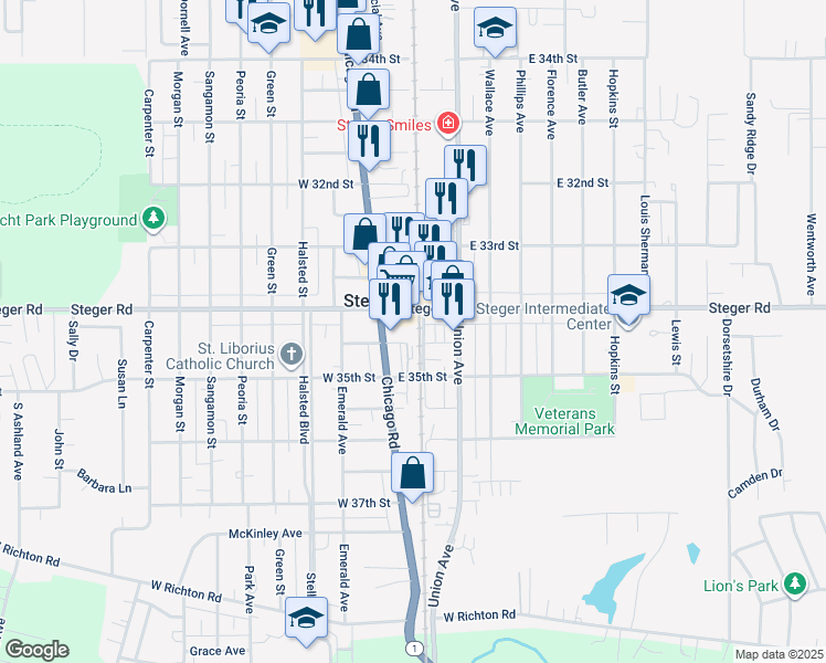 map of restaurants, bars, coffee shops, grocery stores, and more near 2 West 34th Street in Steger