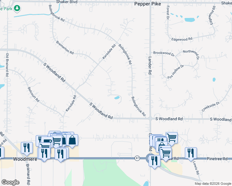 map of restaurants, bars, coffee shops, grocery stores, and more near 3311 Bremerton Road in Pepper Pike