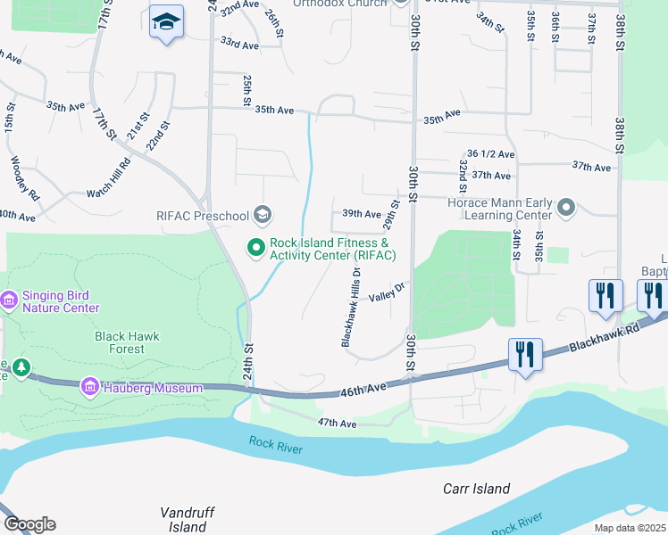 map of restaurants, bars, coffee shops, grocery stores, and more near 13 Blackhawk Hills Court in Rock Island