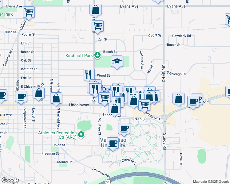 map of restaurants, bars, coffee shops, grocery stores, and more near 1410 East Chicago Street in Valparaiso