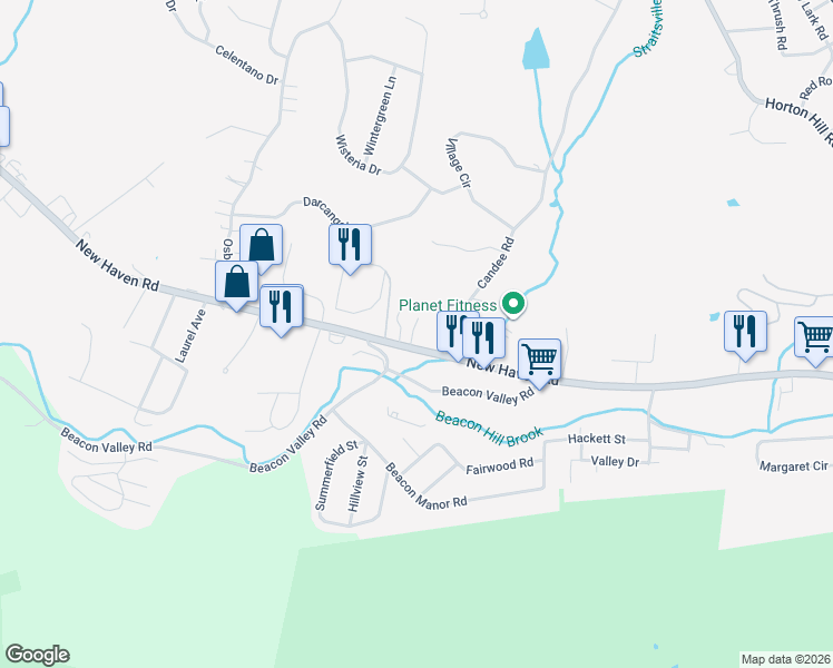 map of restaurants, bars, coffee shops, grocery stores, and more near 1152 New Haven Road in Naugatuck