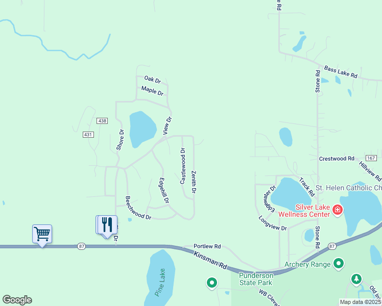 map of restaurants, bars, coffee shops, grocery stores, and more near 14642 Zenith Drive in Geauga County