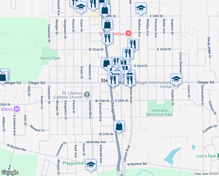 map of restaurants, bars, coffee shops, grocery stores, and more near 3420 Chicago Road in Steger