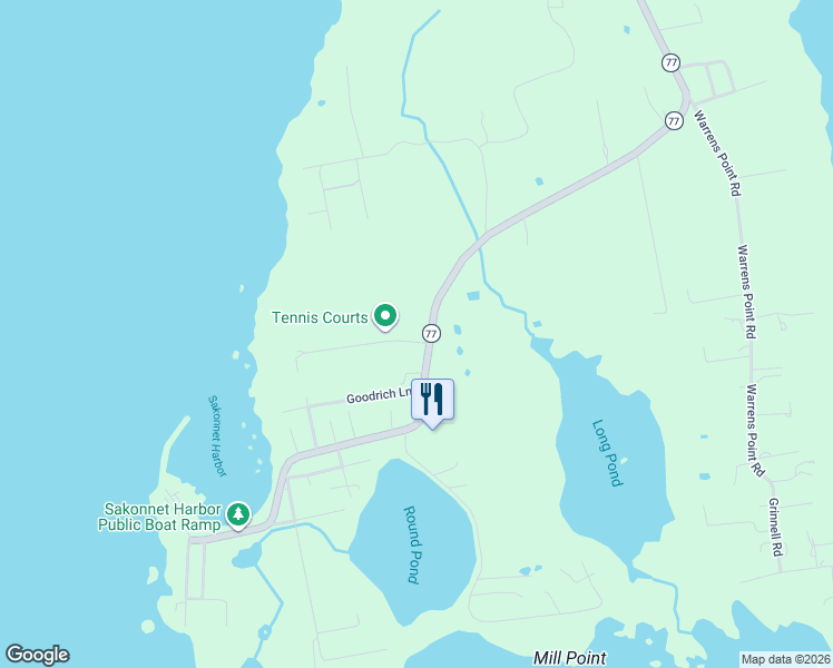 map of restaurants, bars, coffee shops, grocery stores, and more near 95 Sakonnet Point Road in Little Compton