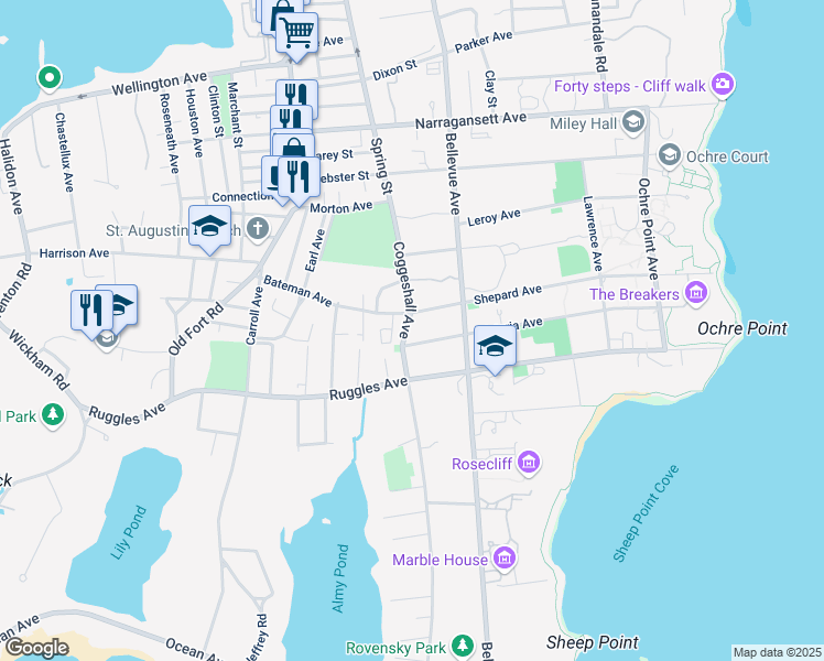 map of restaurants, bars, coffee shops, grocery stores, and more near 53 Coggeshall Avenue in Newport