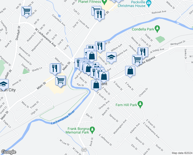 map of restaurants, bars, coffee shops, grocery stores, and more near in Olyphant