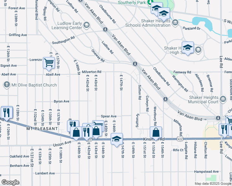 map of restaurants, bars, coffee shops, grocery stores, and more near 3328 East 147th Street in Cleveland