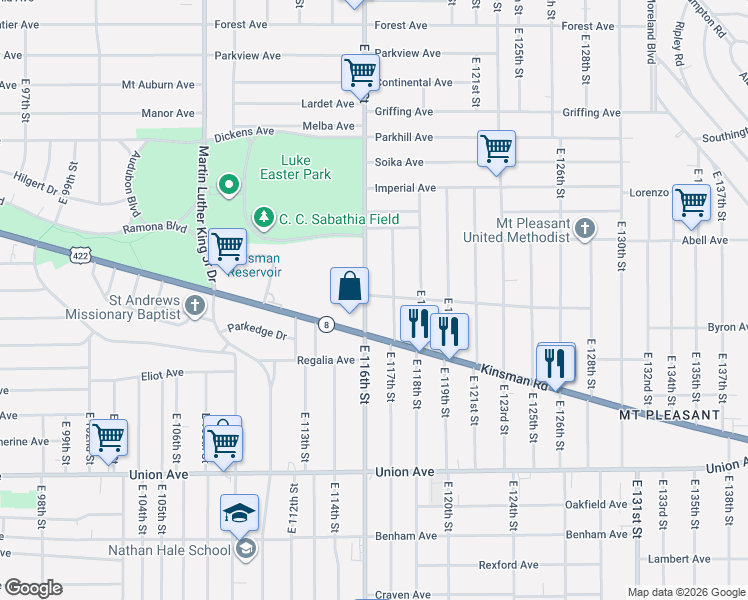 map of restaurants, bars, coffee shops, grocery stores, and more near 3300 East 116th Street in Cleveland