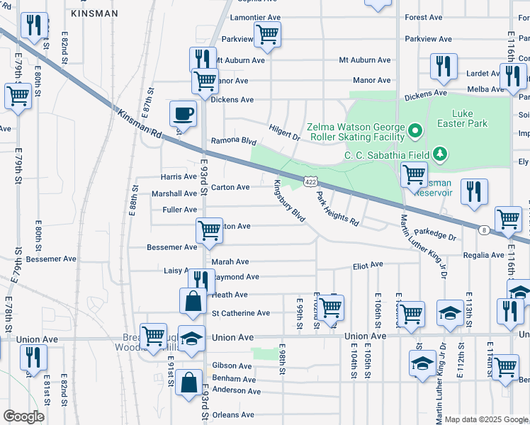 map of restaurants, bars, coffee shops, grocery stores, and more near 9621 Easton Avenue in Cleveland