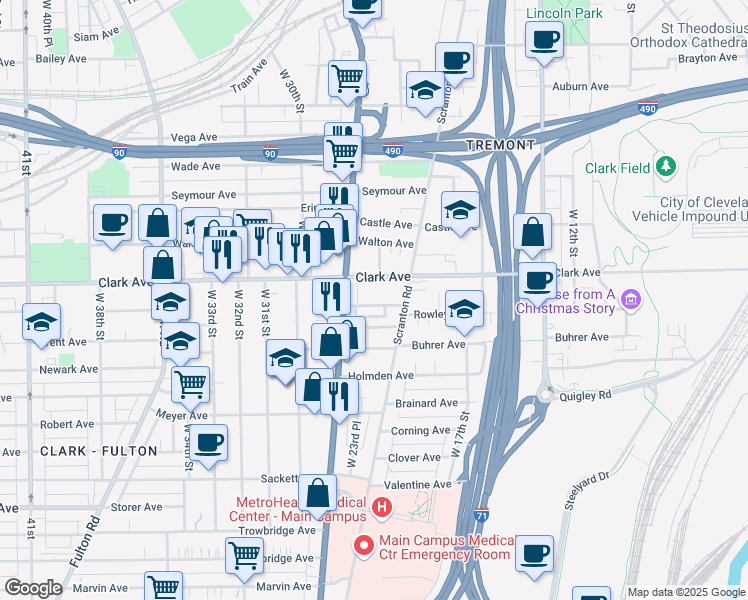 map of restaurants, bars, coffee shops, grocery stores, and more near 2325 Kinkel Avenue in Cleveland